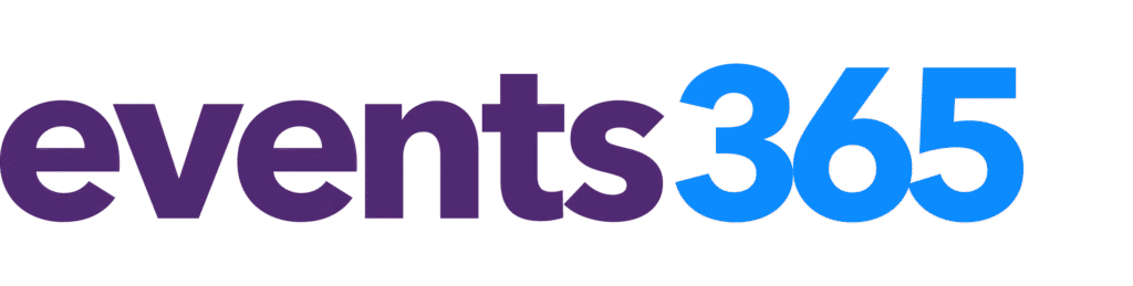 The events365 logo features the word events in bold purple letters and 365 in bold blue numbers, all in lowercase and uppercase sans-serif font on a transparent background.