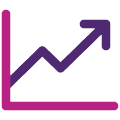 A simple line graph with a purple zigzag line trending upward and an arrow at the end, indicating growth or increase. The graph border is pink and purple.